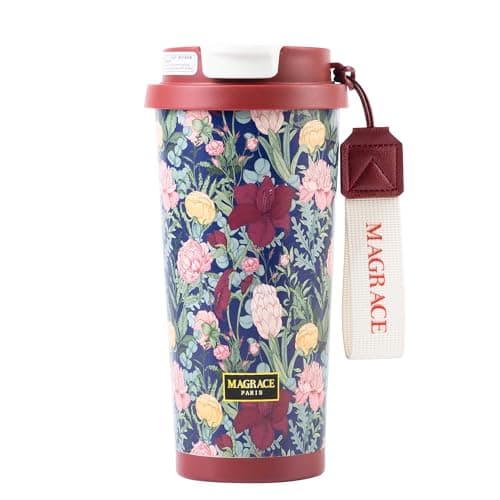 MAGRACE Coffee Travel Mug - Leakproof Coffee Tumbler with Flip Lid & Straw, Vacuum Insulated for Hot & Cold Drinks To Go, Boho Floral Print - Image 1