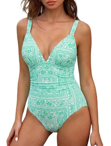 ZAFUL Womens Sexy V Neck One Piece Swimsuit Ruched Tummy Control Bathing Suit Backless Slimming Monokini (Green Floral, Small) - Image 1