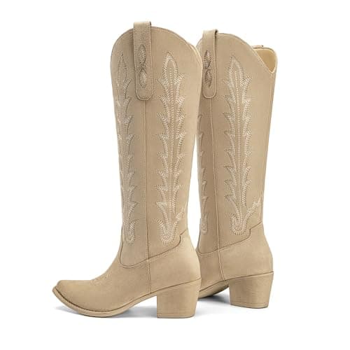 Athlefit Western Cowboy Boots for Women Knee High Cowgirl Comfortable Pull On Block Heel Pointed Toe Embroidered Camel Suede Tall Boots for Travel Walking Camel Suede Size 11 - Thumbnail 6