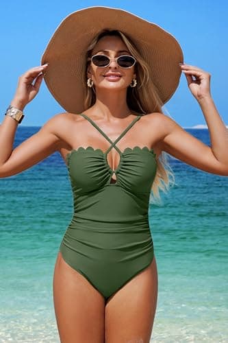 Eagerbuy Womens One Piece Swimsuits Tummy Control Slimming Scalloped Bathing Suit Sexy Cut Out Criss Cross Ruched Swimwear Army Green - Thumbnail 6