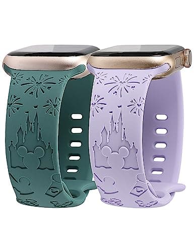 Girovo 2 Packs Cartoon Bands Compatible with Apple Watch Bands 42/41/40/38mm Womens, Stylish Soft Silicone Cute Engraved Strap for iWatch Series 11 10 9 8 7 6 5 4 3 SE/Ultra 3 2 1, Lavender&Green - Image 1