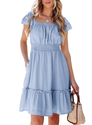 Dokotoo Women's 2026 Summer Dress Ruffle Short Sleeve Mini Dress with Pockets Tiered Flowy Smocked Boho Sundresses Casual Square Neck Sexy Dresses for Wedding Guest Blue Small - Image 1