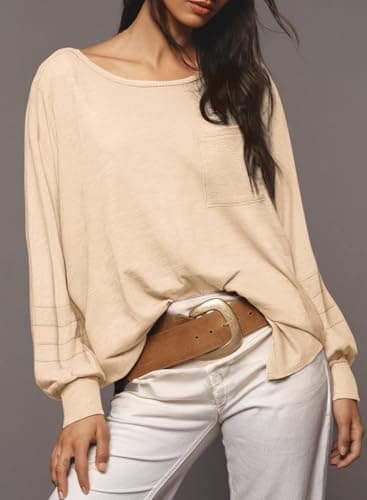 Dokotoo Spring Outfits for Women 2026 Crew Neck Long Sleeve Shirts Dressy Casual Side Slit Beige Tops Trendy Business Casual Womens Tops with Pocket Large - Thumbnail 2