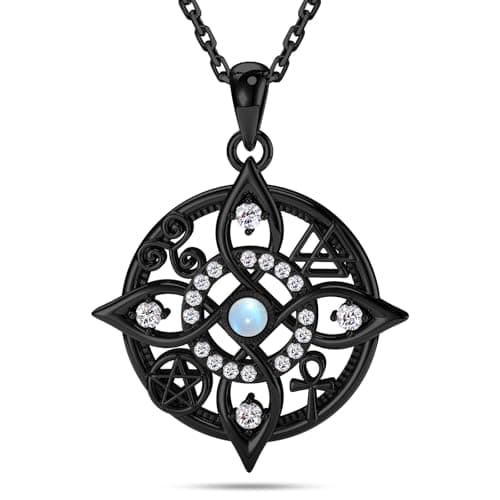 925 Sterling Silver Witch Knot Necklace with Moonstone – Wiccan Pagan Jewelry with Pentacle & Ankh Symbols – Spiritual Protection Amulet Pendant – Celtic Moonstone Necklace Gift for Women (Black) - Image 1