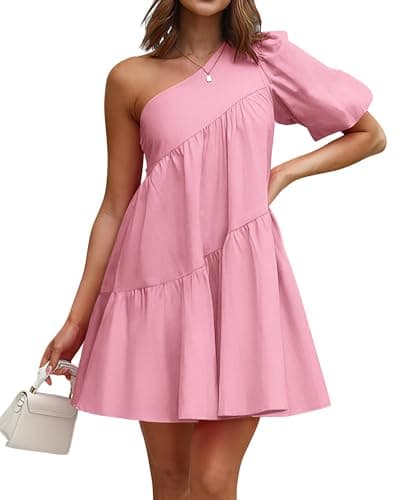 KIRUNDO Summer One Shoulder Mini Baby Doll Dresses Women 2026 Casual Puff Sleeve Loose Tiered A Line Flowy Short Dress(Pink, Large) - Image 1