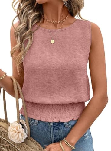 BLENCOT Womens Tank Tops Casual Cute Crewneck Sleeveless Shirts Slim Fit Smocked Top Summer Trendy Basic Cami Pink M - Thumbnail 2