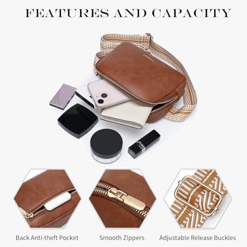 TENSTAR Women's Mini Fanny Pack, Leather Crossbody Waist Bag with Adjustable Strap, Anti-Theft Waterproof Sling Bag for Travel Hiking Gym Daily Use (Brown) - Thumbnail 4