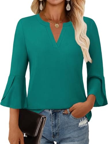 GKBK Women's Blouses Ruffle 3/4 Sleeve Dressy Top V Neck Casual Tunic Blouses Business Shirts Deep Green S - Image 1