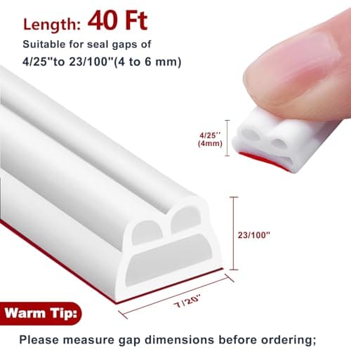 40FT Rubber Weather Stripping Door Seal, Self Adhesive Door Insulation Strip, Block Drafts, Multi-Layer Soundproof, Weatherstripping for Door Frame and Windows (White) - Thumbnail 2