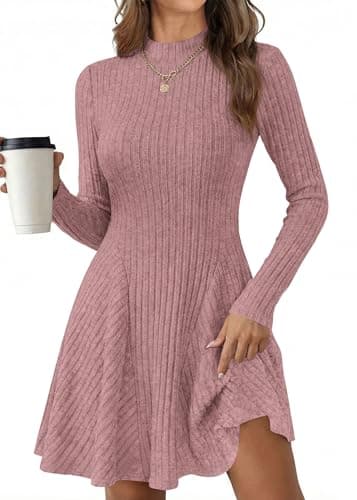 KIRUNDO Sweater Dress for Women 2026 Spring Fall Long Sleeve Mock Turtleneck A Line Fit and Flare Ribbed Knit Short Dresses(Pink, Medium) - Image 1
