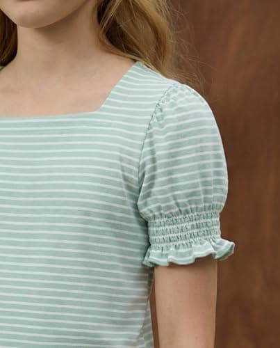FREELYVE Girls Summer Tops Striped Square Neck T-Shirt Puff Short Sleeve Soft Knit Casual Tees,Sage,8-9Y - Thumbnail 5
