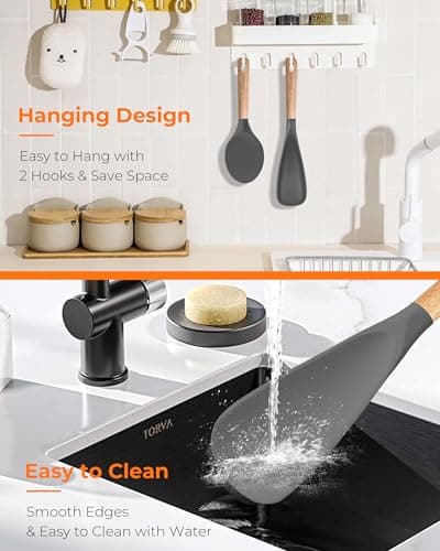 FINENUT Cooking Spoon Multifunction Spoonula Silicone Spatula Spoon 2-Pack, Dual-Use Heat Resistant 446°F, BPA-Free Non-Toxic Wooden Handle Rice Spoon Set for Non-Stick Cookware & Rice Cookers (Gray) - Thumbnail 6