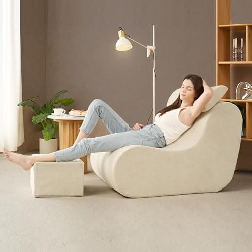 Hansleep Large Bean Bag Chair for Adults, Reading Chair with Ottoman Filled by High-Density Foam, Cozy Lazy Beanbag Lounger Sofa with Waist Support for Living Room, Bedroom, Office, Beige - Image 1