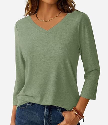GKBK Womens Tops 3/4 Sleeve Shirts V Neck Casual Blouses Basic Loose Fit Pullover Tshirts LightGreen XL - Thumbnail 2