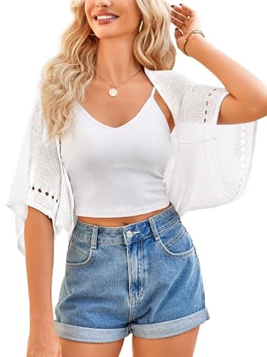 BB&KK Womens Crochet Shrug Summer Cardigan Lightweight Bolero Sweaters Batwing Sleeve Open Front Cropped Knit Shrug Hollow-Out Outwear White L - Image 1