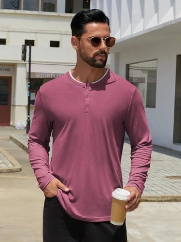 Hardaddy Men's Long Sleeve Henley Shirts Casual Color Block Henley Button T-Shirt Tops Wine Red M - Thumbnail 3