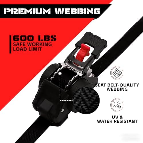 Retractable Ratchet Straps (2-Pack) - Heavy Duty Auto Slow Retraction Tie Down Straps - 1 Inch x 13 Feet (1,800lb Break Strength) for Truck, Cargo Trailer, Motorcycle, ATV, UTV - Black - Thumbnail 6
