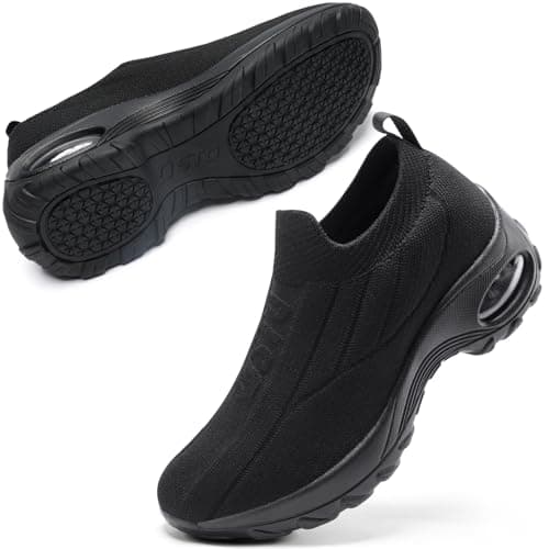 STQ Womens Slip on Walking Shoes Breathable Non Slip Work Shoes Comfortable Orthopedic Sneakers with Arch Support Pure Black 7.5 - Image 1