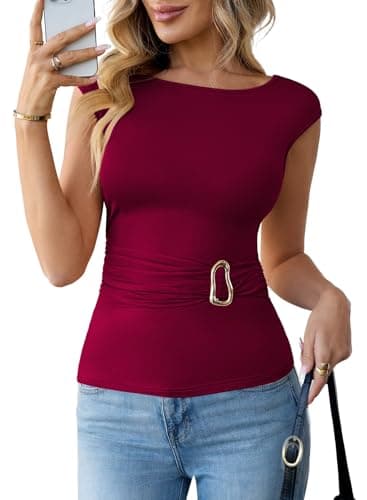 Pink Queen Date Night Tops for Women Basic Tees Stretchy Slim Fit Sleeveles Going Out Shirts Red Dahlia S - Image 1