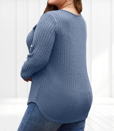 Hithymo Tunic Tops for Women Plus Size, 4XL Long Sleeve V Neck Zipper Shirts Warm Soft Lightweight Office Sweaters Flattering Quarter Zip Spring Fall Outfits Blue - Thumbnail 2