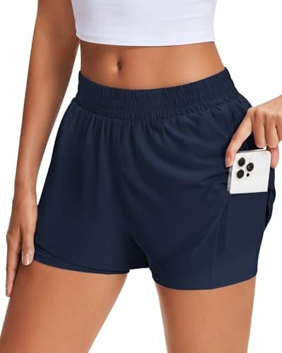 Stelle Women's 2 in 1 Running Shorts Athletic Workout Gym Shorts High Waisted Shorts with Liner Zipper Pockets (Navy, Small) - Thumbnail 4