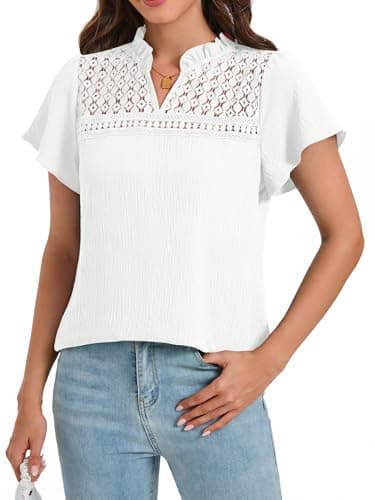 Funlingo Women Blouses Dressy Casual 2026 Summer Ruffle Short Sleeve Eyelet Tops V Neck Flowy Hollow Out Lace Work Shirts Spring Clothes White M - Image 1
