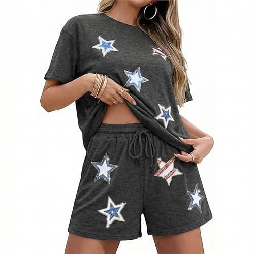 MYHALF 4th of July Sets for Women Sequin Star Graphic Shirt and Shorts Patriotic Outfits 2 Piece Short Sleeve Lounge Set - Image 1