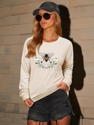 Dresswel Women's Long Sleeve Sweatshirts with Pockets Casual Loose Bee Graphic Shirt Cute Floral Print Fall Tops for Women, Apricot M - Thumbnail 3
