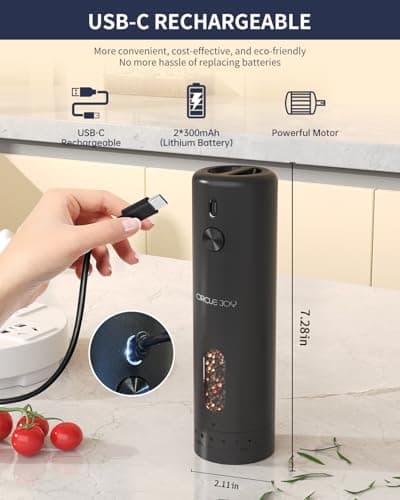 CIRCLE JOY Rechargeable Electric Salt and Pepper Grinder Set with Base, Automatic Pepper Mills with 110ml Container, External Adjustable Coarseness, White Led Light and One-Handed Operation, Black - Thumbnail 5