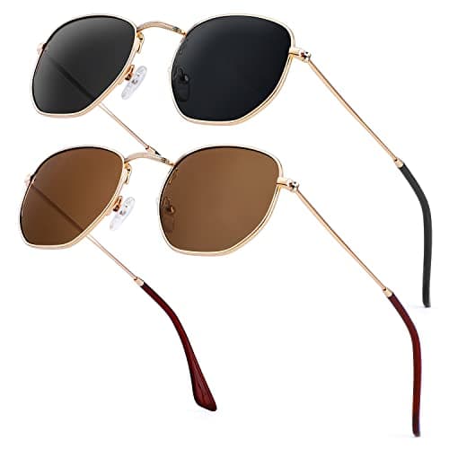 KALIYADI Sunglasses for Women and Men, Polarized Square UV Protection, Trendy Metal Frame Hexagon Sunglasses (2 Packs Grey&Brown) - Image 1