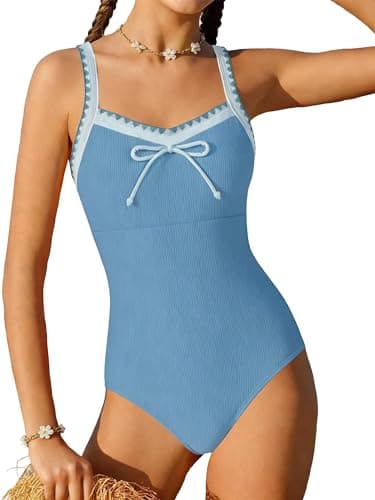 AMAWMW Girls Swimwear One Piece Swimsuit Contrasting Trims Adjustable Straps Bathing Suit for Teens 7-16 Years, Gray Blue, 13-14 Years - Image 1