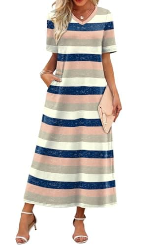 WIHOLL Summer Dresses for Women 2026 Vacation Trendy Short Sleeve Dresses V Neck Casual Dress with Pockets Pink and Blue Striped M - Image 1