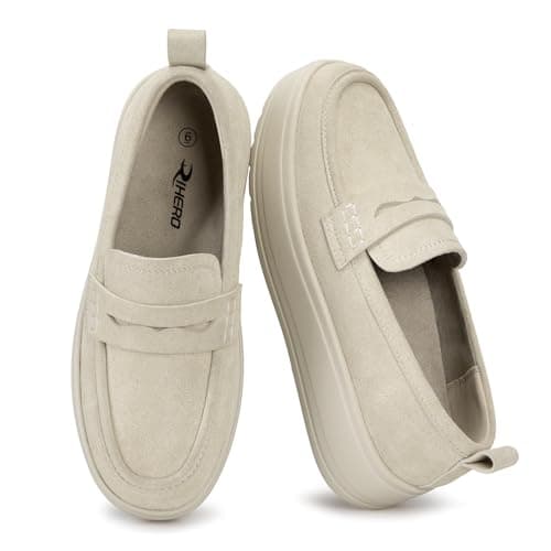 Rihero Slip On Womens Loafers Comfortable Casual Loafer Shoes Trendy Round Toe Platform Shoes for Work Walking Beige Size 9 - Thumbnail 3