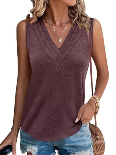 Cicy Bell Women V Neck Tank Tops Dressy Casual Summer Loose Fit Sleeveless Shirts Blouse Wine Red - Image 1