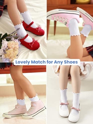 ALLOVIN 6 Pairs Non-Slip Ruffle Socks for Baby & Toddler Girls – Soft Cotton Grip Socks | 6 Pairs Pure White | 3-5 Years - Thumbnail 2