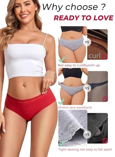 READY TO LOVE Cotton Underwear for Women 6 Pack Full Coverage Briefs Sexy Panties Lace Waistband Ladies Bikini Hipster - Thumbnail 5