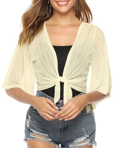 iClosam Women Sheer Shrug Tie Front 3/4 Sleeve Cropped Bolero Shrug Cardigan (Beige, Large) - Image 1