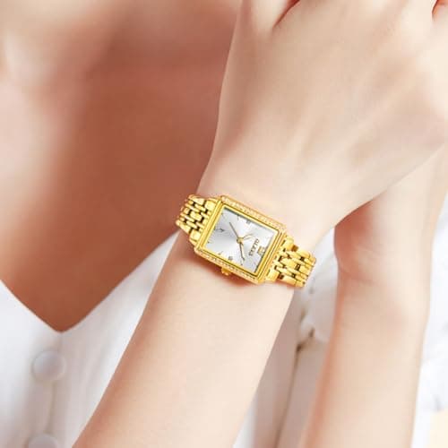 OLEVS Watch Women Gold Watches for Women Rectangle White Face Waterproof Stainless Steel Small Wrist Womens Watch Dainty Elegant Analog Quartz Ladies Watches Reloj para Mujer - Thumbnail 4