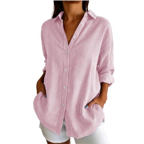 Striped Shirt Women Long Sleeve Summer Fall Tops Pink X-Large