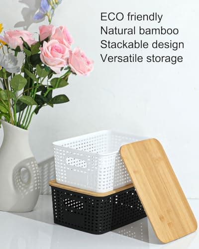 EOENVIVS 6 Pack Storage Bins with Bamboo Lids for Pantry Organization and Storage Containers for Shelves Drawers Desktop Closet Playroom Classroom Office Home,White - Thumbnail 6