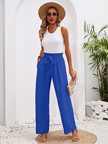 Heymoments Women's Wide Leg Lounge Pants with Pockets Klein Blue X-Large Lightweight High Waisted Adjustable Tie Knot Loose Comfy Casual Trousers - Thumbnail 5