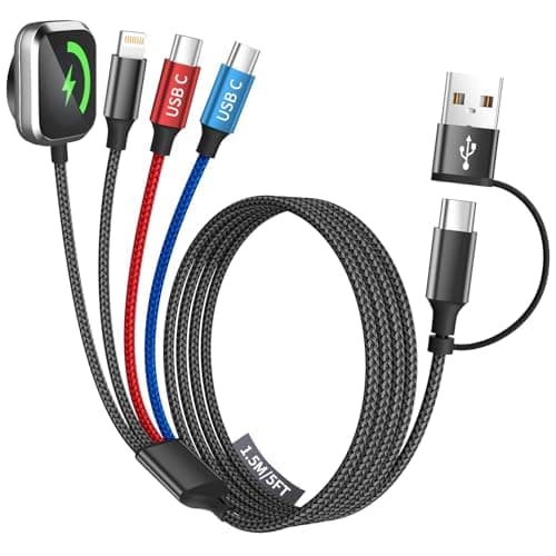 Dual Type-C Port 4 in 2 USB C Cable for iWatch Charger/iPhone 17, Travel Charger Multi Charging Cable Cord for iWatch Ultra/SE/10-1, iPhone16-8, iPad, Android, Car, Cruise Essentials - 1Pc 5FT - Image 1