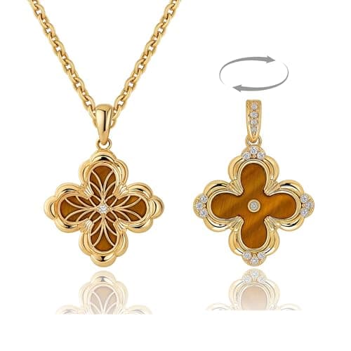 Fettero Dainty Gold Necklace for Women - Double Sided Pendant Necklace 14K Gold Plated Charm Clover Necklace Jewelry for Valentine's Day - Brownish yellow - Image 1
