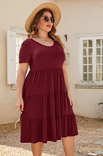 Younrui Women's Plus Size Midi Aline Casual Dress Short Sleeve Solid Babydoll Flowy Ruffle Hem Tiered Summer Dress (1XL-1001-Burgundy) - Thumbnail 6