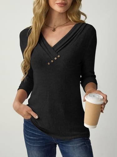 GKBK Women 3/4 Sleeve Tunic Tops for Leggings V Neck Button Down Loose T Shirts 2026 Fall Summer Dressy Business Casual Blouse Pullover Sweatshirt Work Cute Trendy Sweater Outfit Clothes Black S - Thumbnail 5