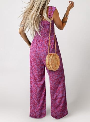 Dokotoo Floral Girls Dressy Jumpsuits One Piece 2026 Summer Crew Neck Boho Jumperss Adjustable Waisted Petite Wide Leg Vacation Outfits Plus Size with Pockets,Rose X-Large - Thumbnail 4