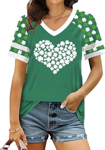 St Patricks Day Shirt Women V Neck Irish Shamrock St Paddys Day Tee Holiday Raglan Short Sleeve Tops - Image 1