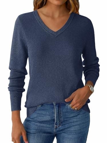 GKBK Cashmere Sweaters for Women V Neck Lightweight Pullover Oversized Loose Fit Long Sleeve Tops Business Casual Fall Fashion Outfits 2025 Trendy Navy Blue - Thumbnail 2