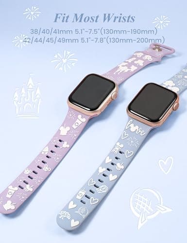 BEEXI 2 Packs Cartoon 3D Raised Band Compatible with Apple Watch Band 49/46/45/44/42mm Women Two-Tone Cute Silicone Strap for iWatch SE Series 10/9/8/7/6/5/4/3/2/1/Ultra(1/2) Lavender/Sky Blue - Thumbnail 4