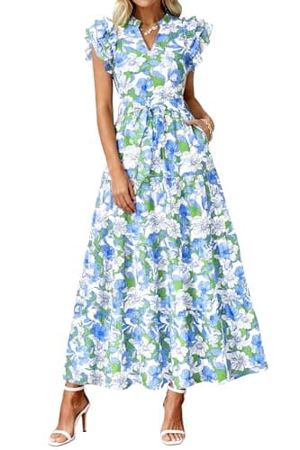 dowerme Women Summer Maxi Dresses 2026 Ruffle Sleeve V Neck Floral Boho Long Dress Belted Tiered Sundress with Pockets(Floral White Multicolored,Small) - Image 1